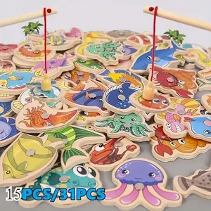 Random Color Wooden Fishing Game, Family Fun Game, Colorful Marine Life Design Fishing Toy Kit, Interactive Wooden Desktop Toy, Cognitive Development Toy