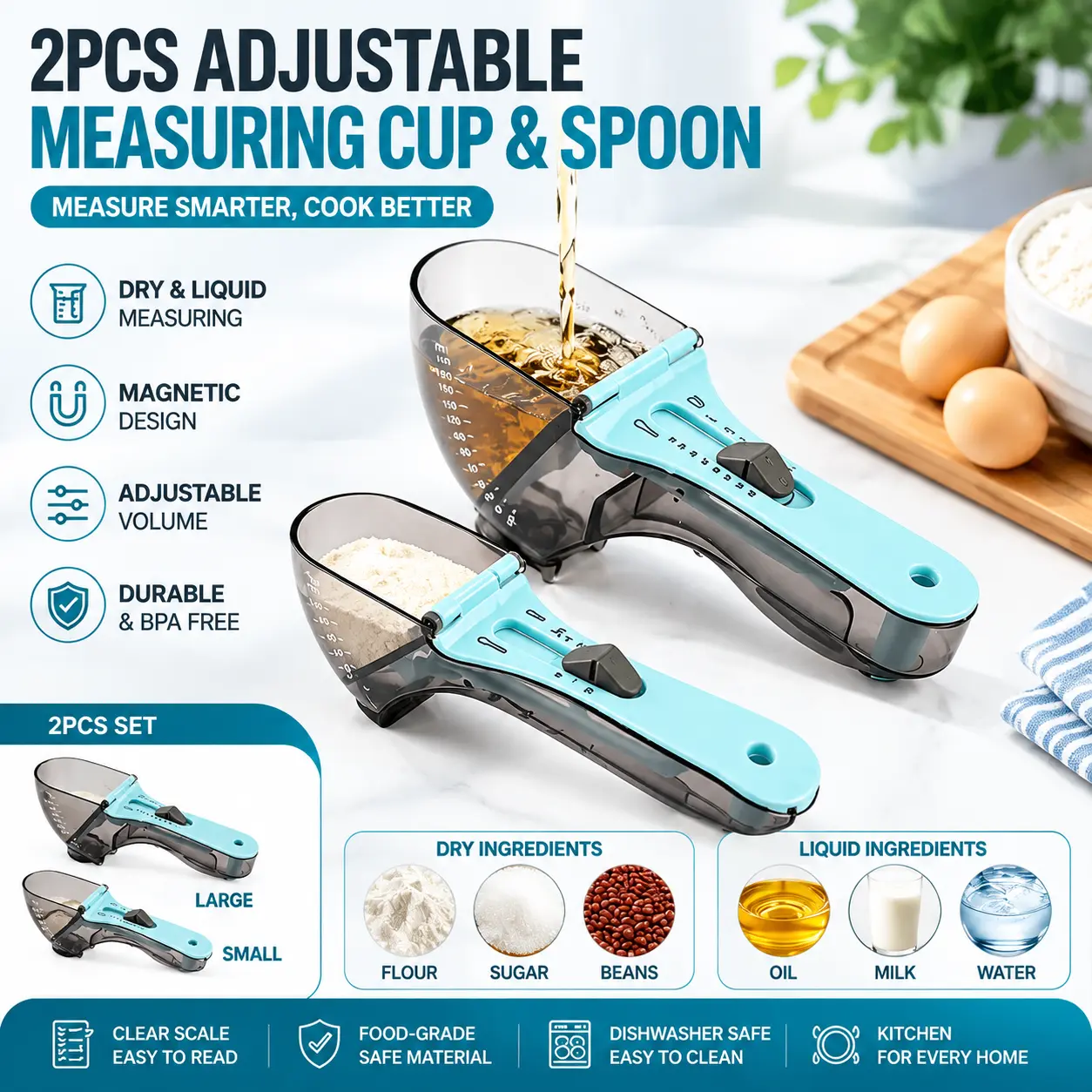 Plastic 2-Piece Adjustable Measuring Cup & Spoon Set with Slide Button, Magnetic Multi-Unit Kitchen Utensils for Dry, Liquid & Coffee Ingredients