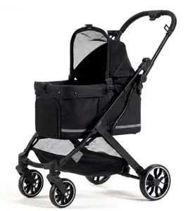 Pet Stroller with 4 Wheels, Puppy Strollers for Small/Medium Dogs and Cats up to 50lbs, Lightweight Pet Travel Carrier with Detachable Cushion, Storage Basket in Black