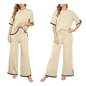 Women Sweater Set 2 Piece Casual Outfit Short Sleeve Knitted Pullover Tops Wide Leg Pants