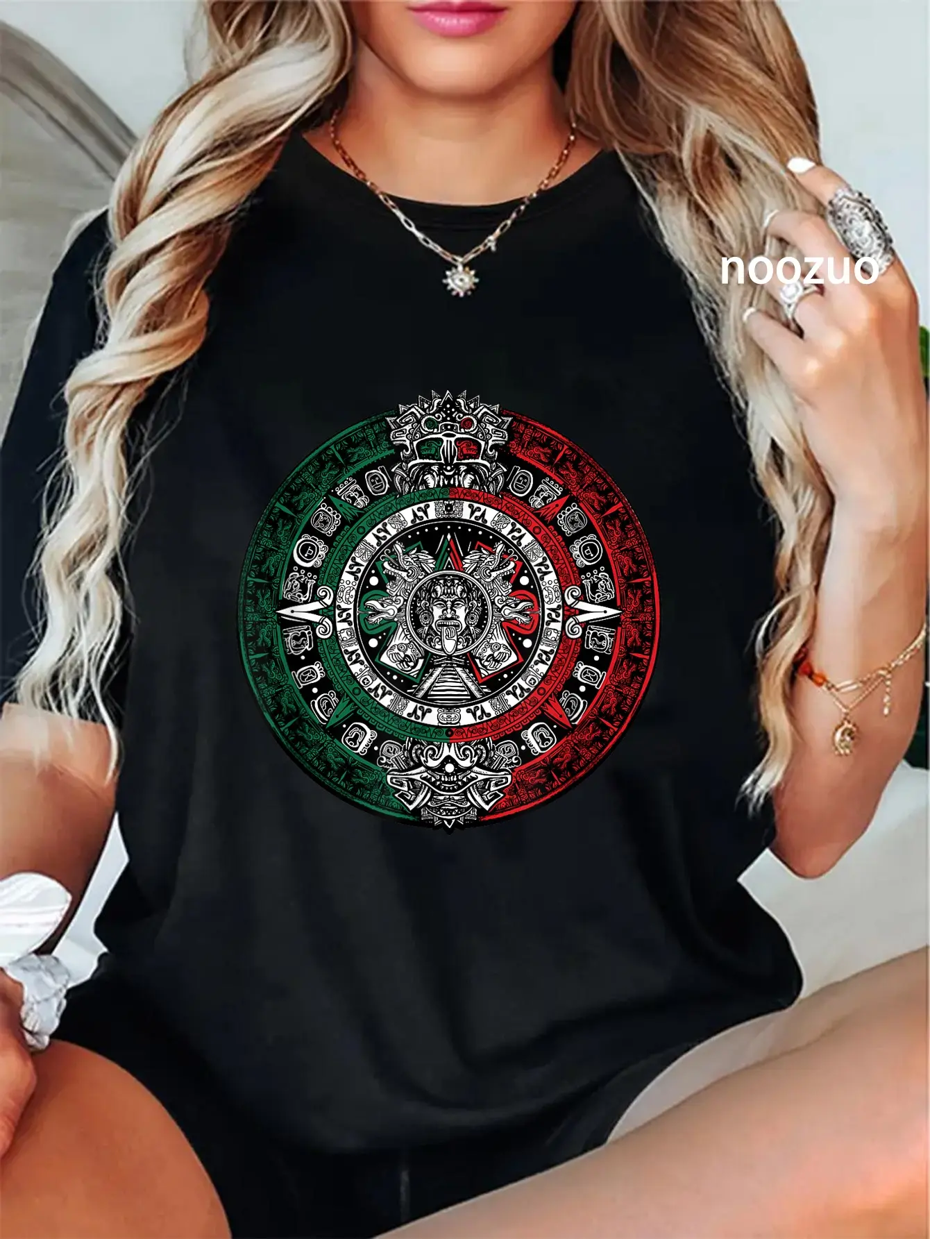 Women's 100% Cotton Round Neck Short Sleeve Casual Vintage T-Shirt - Streetwear Top for Women's Clothes, Featuring Unisex Aztec Calendar, Sun Stone, Mexico Flag Designs, Wide Range of Sizes, Everyday