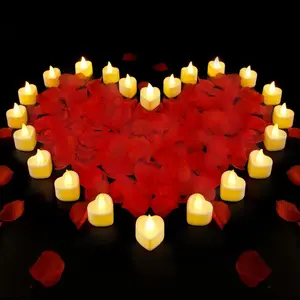 Heart Shape Flameless LED Candles 24 Pcs with Red Artificial Rose Petals Romantic Decorations for Valentine's Day Wedding Anniversary Special Night