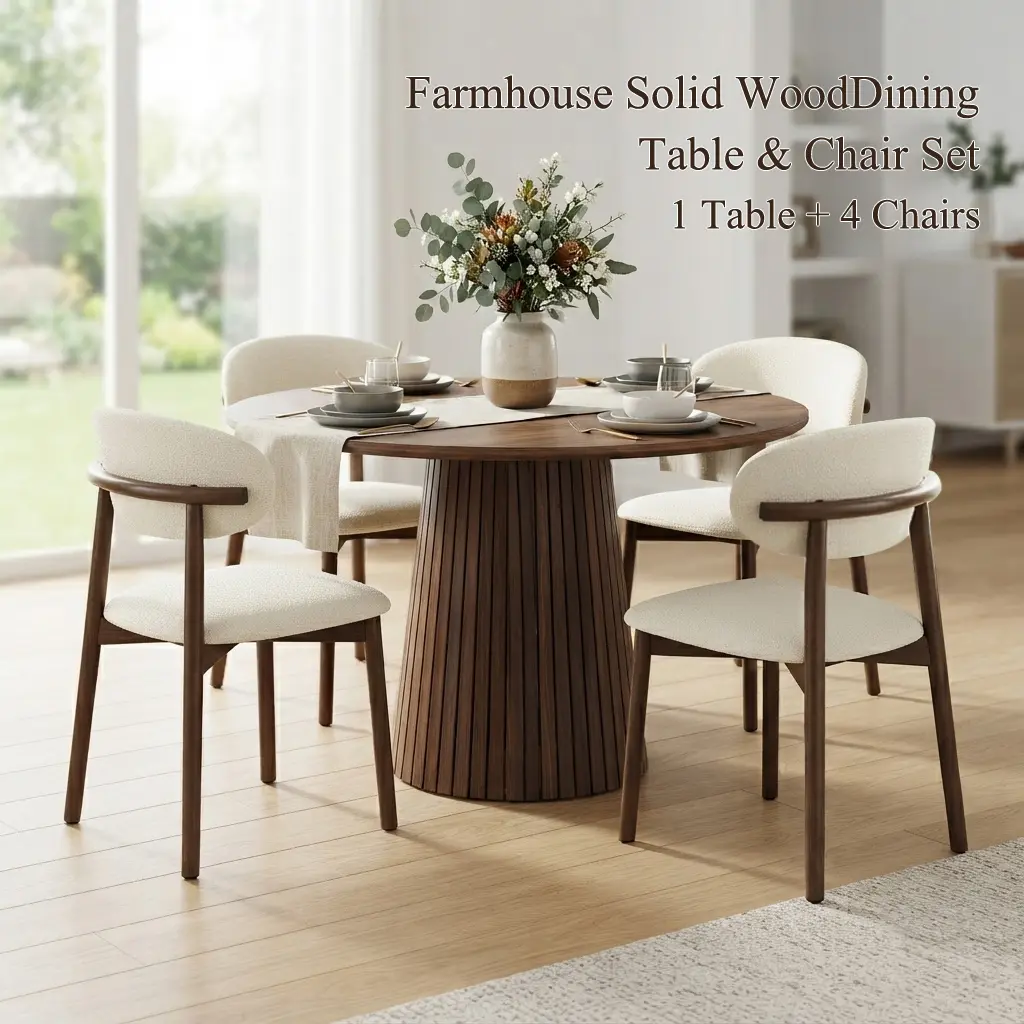 5-Piece Round Dining Table & 4 Chairs Set, Modern Farmhouse Walnut Veneer & Beige Corduroy Cushioned Seats, Space-Saving Compact for Kitchen/Dining easy clean room accent furniture breakfast nook chair set home convertible solid garvee dining table set