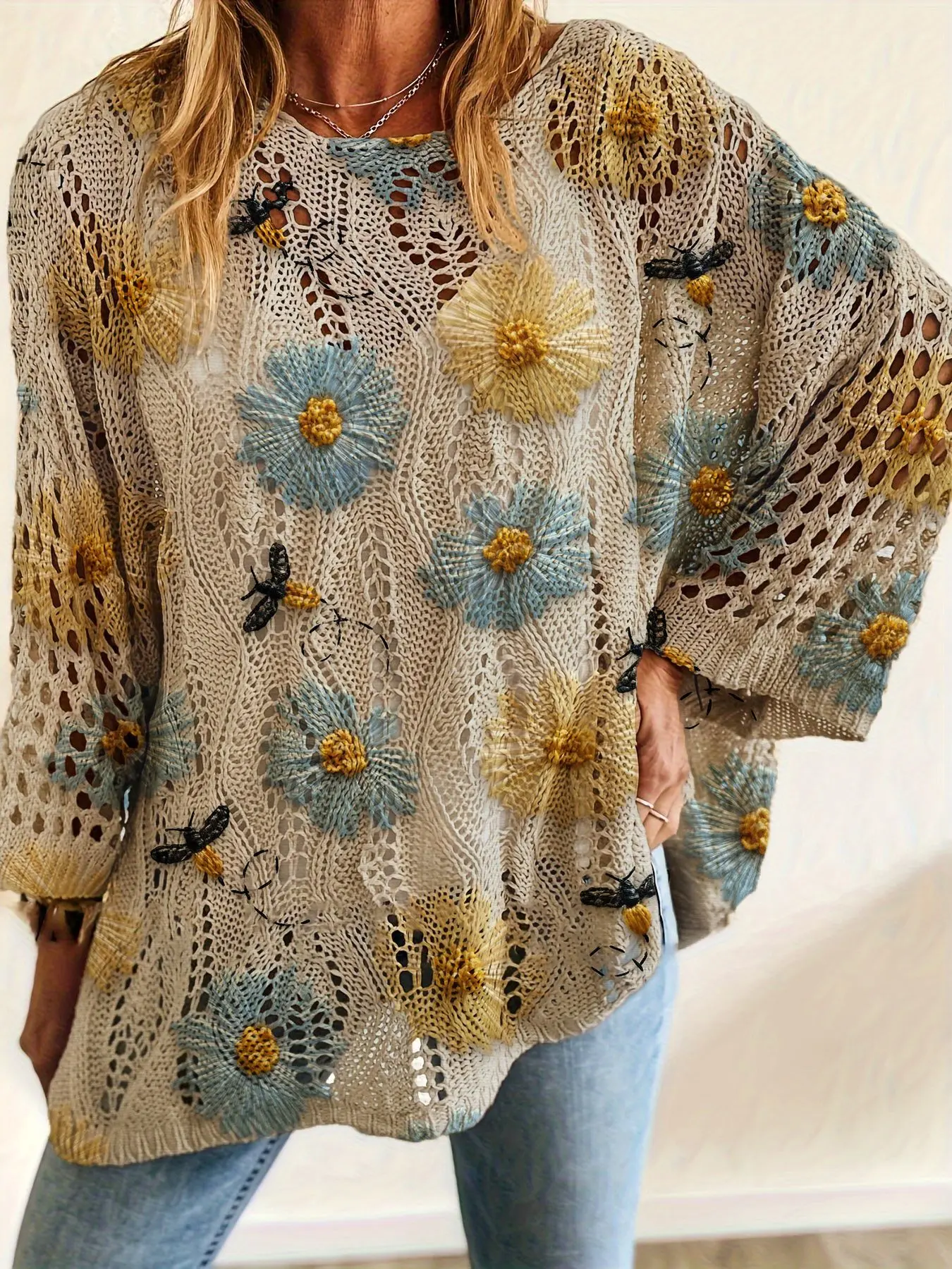 Spring/Summer style, boat neck, diamond hollow out, batwing drop shoulders, loose fit, Sweater knitwear, color-block floral print, long-sleeve women's knit top, Casual fashionable top, vacation style, casual commute, ladies' vest cover-up, bikini cover-up