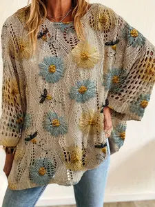 Spring/Summer style, boat neck, diamond hollow out, batwing drop shoulders, loose fit, Sweater knitwear, color-block floral print, long-sleeve women's knit top, vacation style, casual commute, ladies' vest cover-up, bikini cover-up