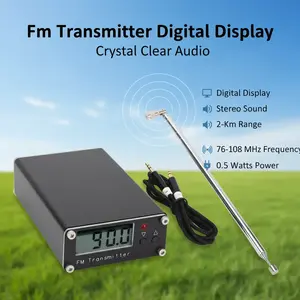 FM-D5W2 2-kilometer FM transmitter with digital display showing 0.5 watts or 500 milliwatts, stereo, frequency range 76-108 MHz, for English listening.