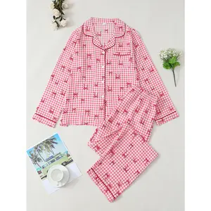 [Cute Plaid Party]Pink-white checkerboard pajama set with all-over red bows. Long sleeves, long pants, loose fit-lazy yet sweet. A trendy must-have for home: women's pajamas & loungewear. Piece Nightwear Polyester Tops Womenswear