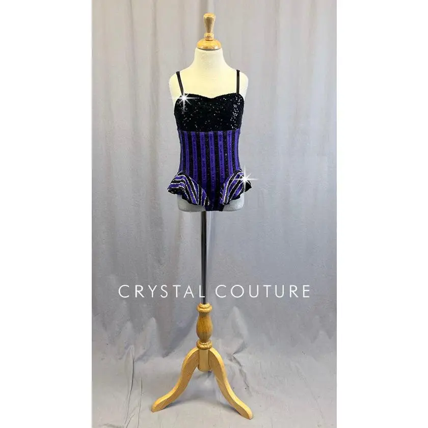 Purple and Black Striped Sequined Leotard with Hip Line Ruffles - Rhinestones