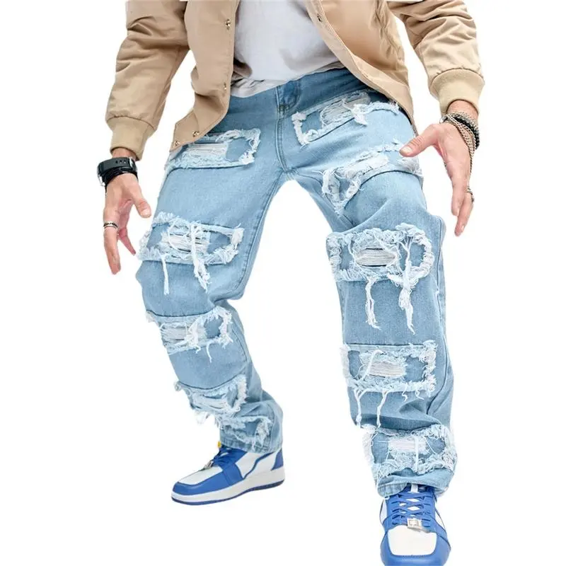 Men Stylish High Street Ripped Patch Spliced Biker Jeans Pants HipHop Holes Motorcycle Male Loose Straight Denim Trousers Menswear Elastic Medium Streetwear