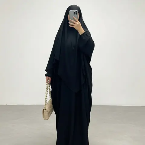 Women's Solid Long Sleeve Loose Fit Abaya & Hijab Set, Modest Fashionable Two-piece Outfits for Women, Women's Islamic Clothing for Daily Wear, Islamic Modesty Clothes