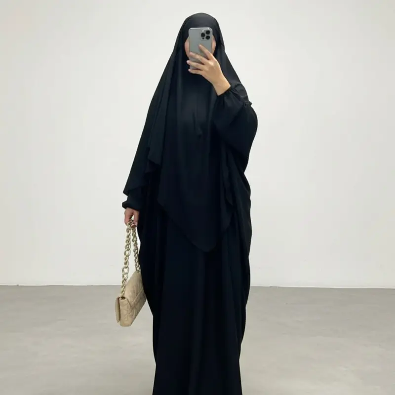 Women's Solid Long Sleeve Loose Fit Abaya & Hijab Set, Modest Fashionable Two-piece Outfits for Women, Women's Islamic Clothing for Daily Wear, Islamic Modesty Clothes