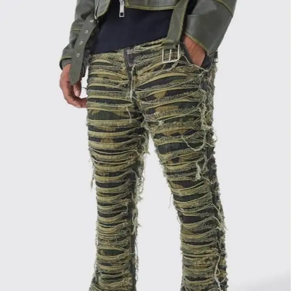 Unisex Slim Stacked Flare Heavily Distressed Camo Pants