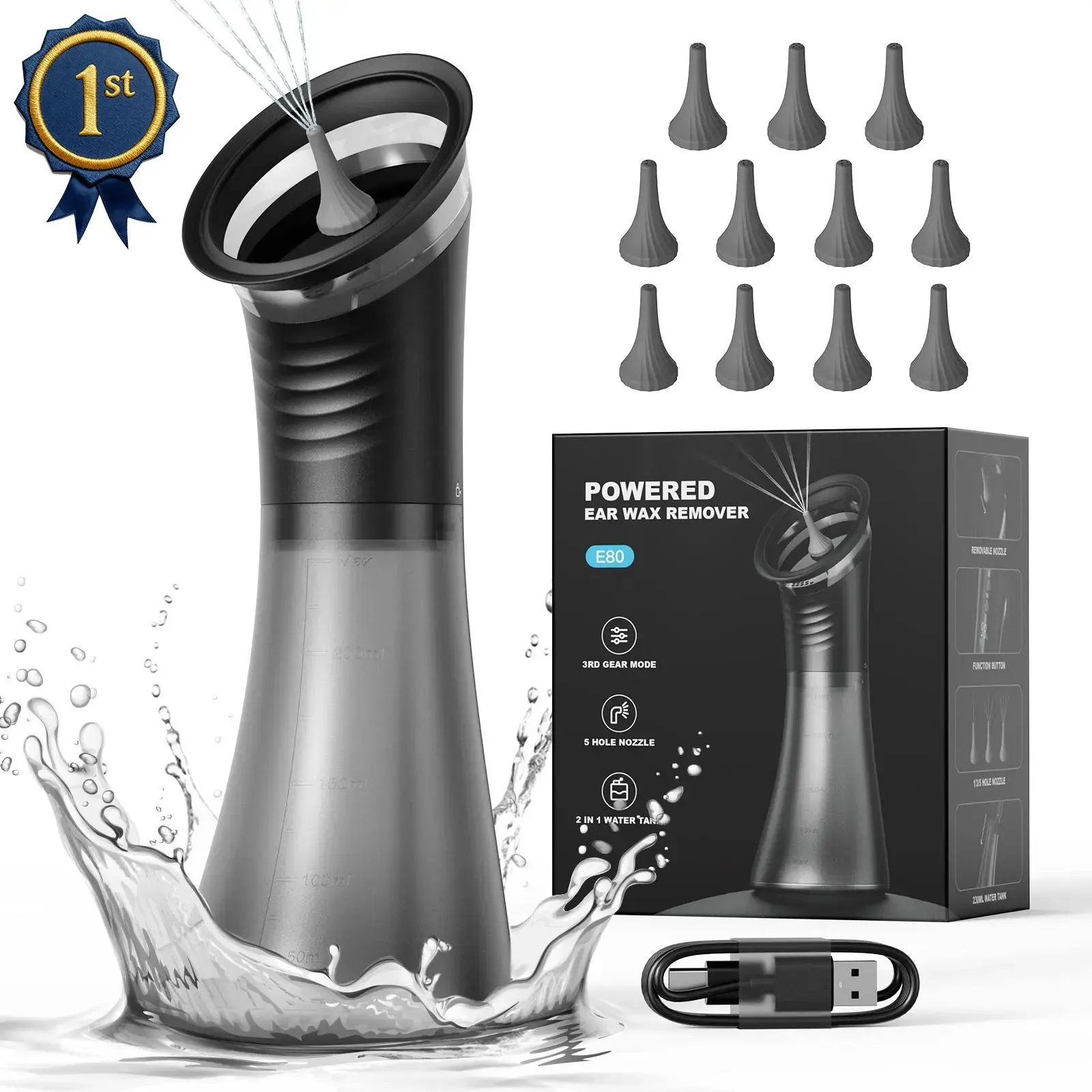 Rechargeable Electric Ear Wax Removal Kit with Soothing Ear Massage, Water Cleaner with 4 Pressure Levels and Temp Detection, IPX7 Waterproof for Unisex Use, Single Item - Black, Deep Cleaning, Warm Water Use, Pressure Control, 3 Water Pressure Modes