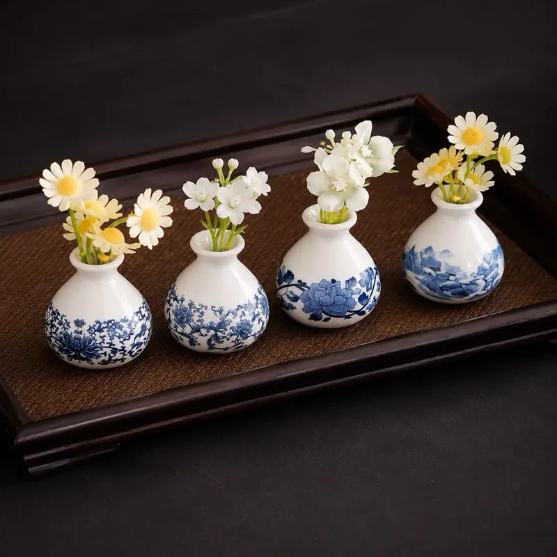 Dustling Tiny Worlds Set of 4 Mini Blue & White Porcelain Vases | Vintage Healing Desk Decor