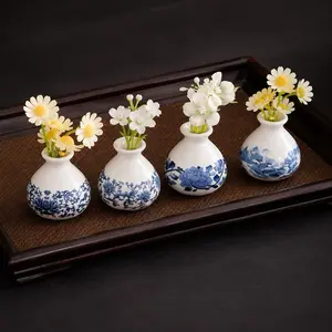 Dustling Tiny Worlds Set of 4 Mini Blue & White Porcelain Vases | Vintage Healing Desk Decor