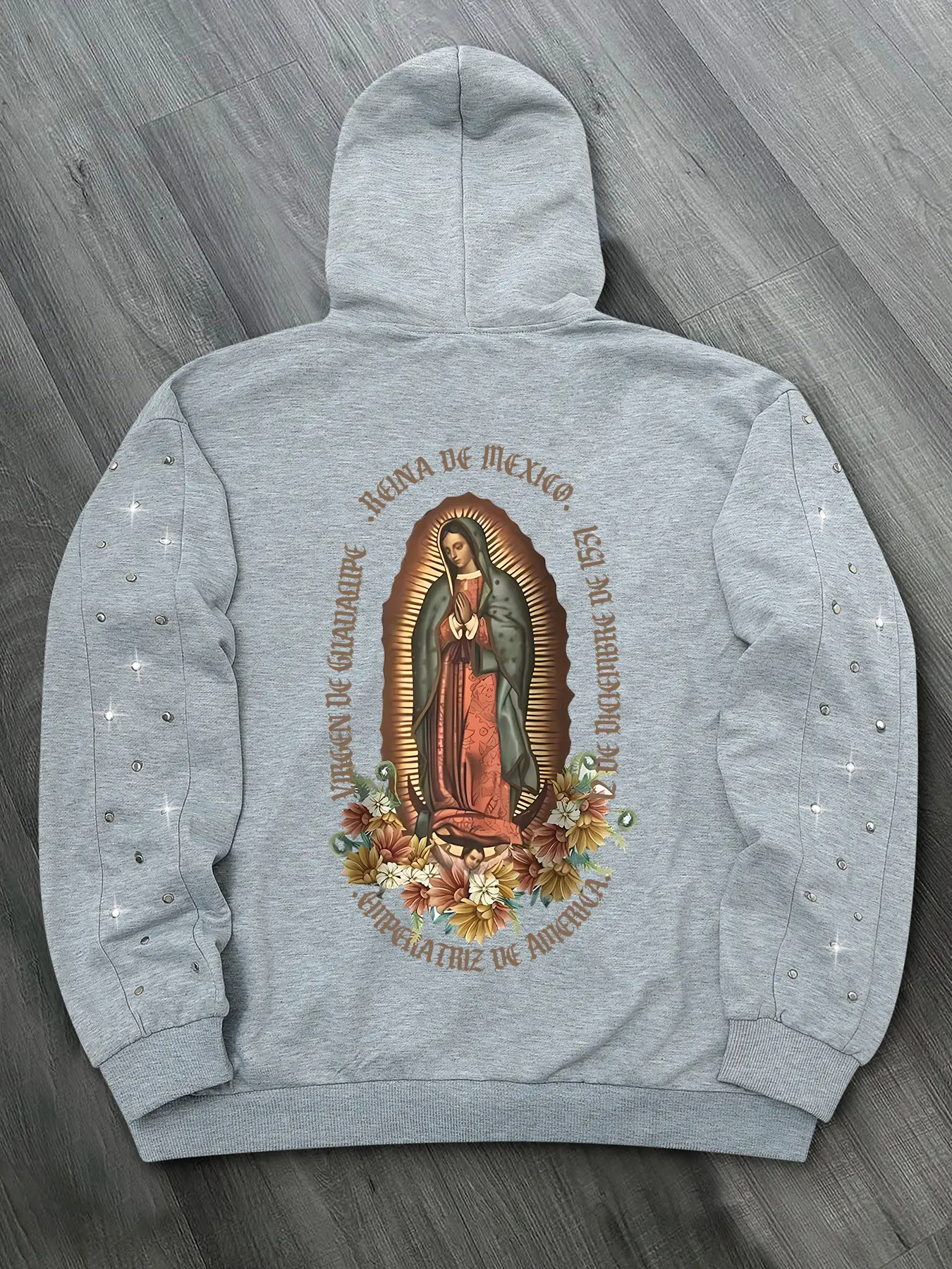 Unisex Spring Fall Winter Hoodie, Virgin Mary Print & Rivet Detail, Zipper Hood, Casual Streetwear, Fashionable Daily Wear