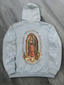 Unisex Spring Fall Winter Hoodie, Virgin Mary Print & Rivet Detail, Zipper Hood, Casual Streetwear, Fashionable Daily Wear