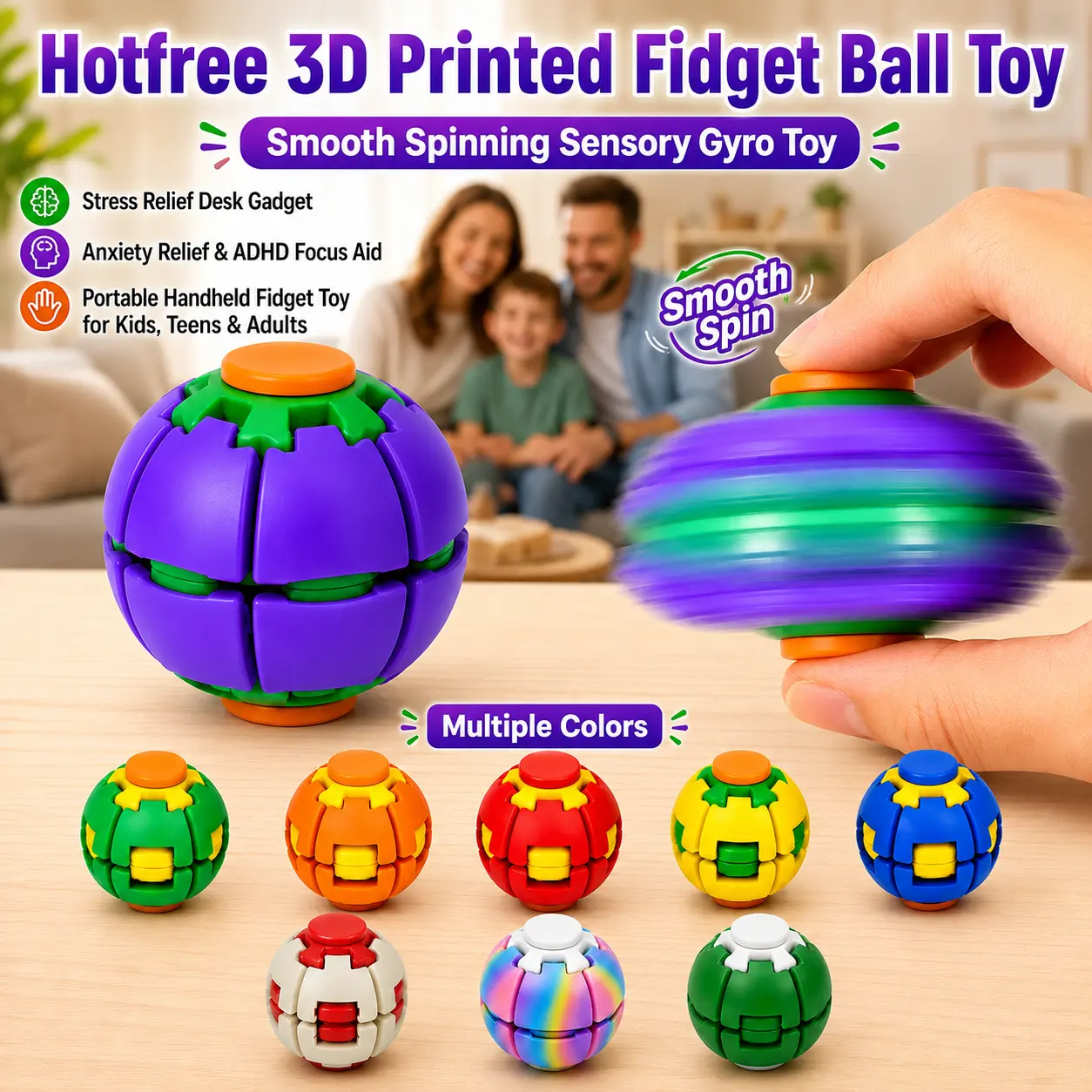 3D Printed Rotating Fidget Stress Relief Ball, Kinetic Press & Spin Mechanical Gyro, Squeeze Stress Relief Desk Toy for Adults & Kids, ADHD Anxiety Relief Sensory Toy for Office & Classroom(Purple)