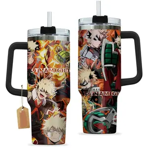 My Hero Academia Katsuki Bakugo Dynamight 40oz Stainless Steel Tumbler with Handle, Anime Travel Mug Orange