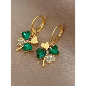 1pair Fashionable Stainless Steel Rhinestone Decor Four-leaf Clover Drop Earrings For Women For Daily Decoration