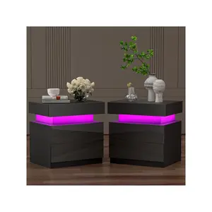Indoor furniture  GINRGINR Set of White Night Stand 2 and 1 Flapping Top Storage Box Wood Bedside Drawers for Bedroom Dorm Living Room Nightstand LED Light End Table with High Gloss Panel 13.77 D 17.71 W x 20.47 H Glossy Black