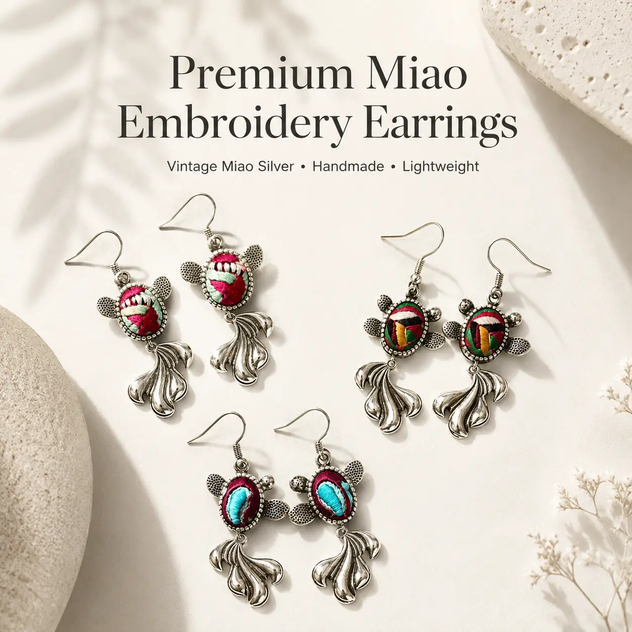 Handmade Fish Motif Dangle Earrings, Flat and Split-Thread Embroidery, Handmade Textile Jewelry Gift, Handmade Jewelry, Embroidered