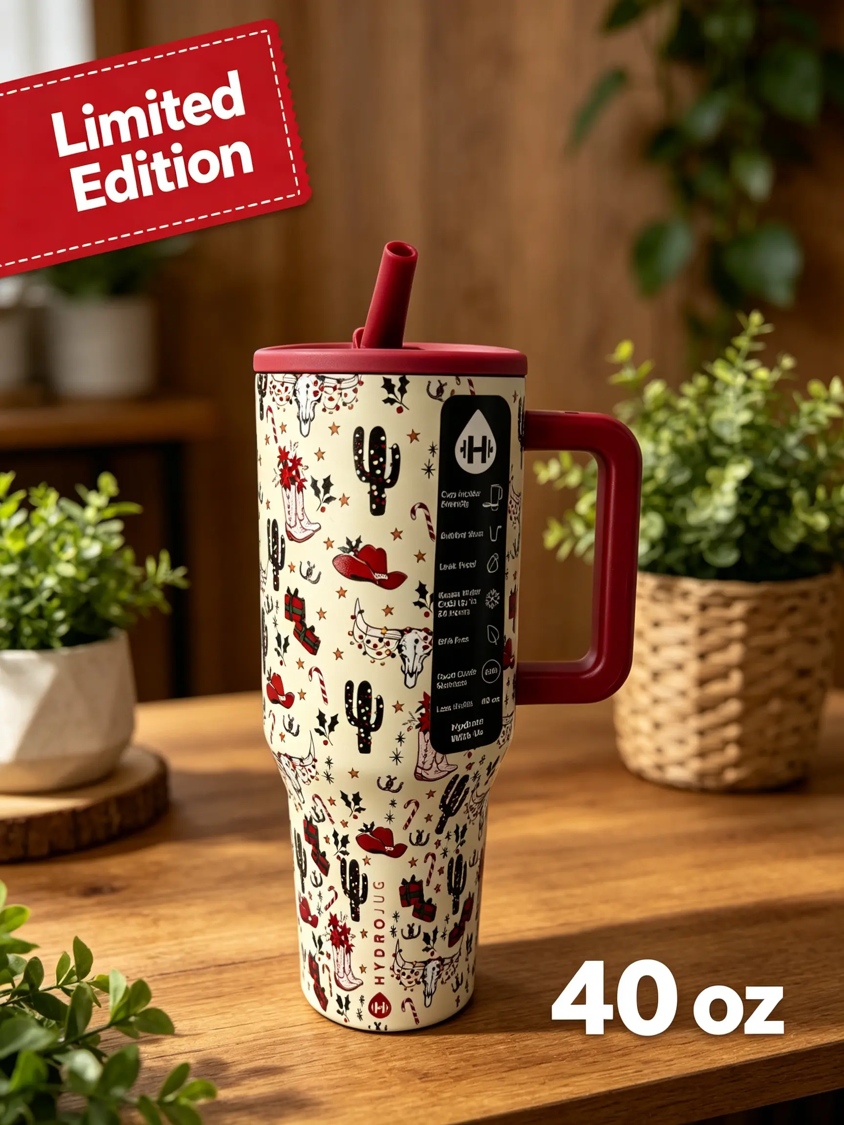 HydroJug 40oz Vintage Cowboy Print Christmas Vacuum Insulated Flask - Stainless Steel, Double Wall, BPA-Free, Eco-Friendly, Anti-Scalding, 1000-2000ml, Silver Edge, Handle, Ideal for Outdoor Sport & Cold Drinks