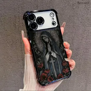 Phone Case for iPhone 17 Pro Max 16 15 14 Plus 13 12 11 Air Virgin Mary Pattern Full Body Protection Shockproof Electroplating TPU Cover Cellphone Protective Casing Screen Protector