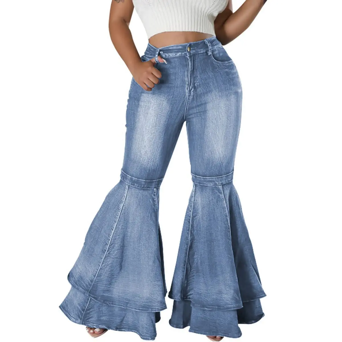 Saledress Pants Bell Bottom Jeans High Waisted Pleated Layered Ruffle Hem Flared Wide Leg Denim Pants 70s Outfits for Women Womenswear, Casual Denim Trousers, Denim Clothing