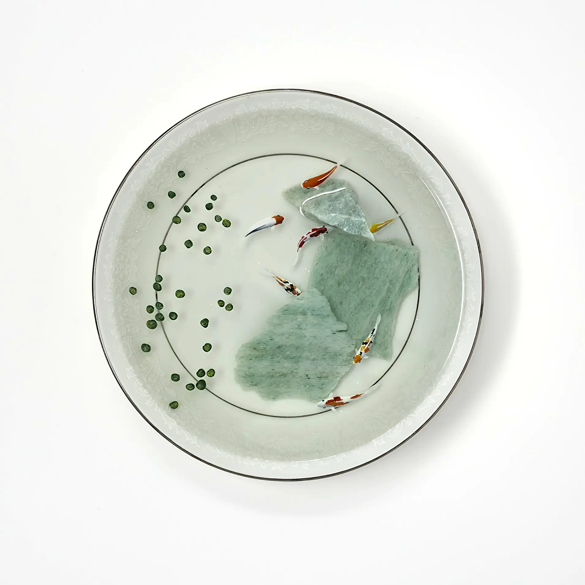 Resin Koi Pond in a White Saucer with Hand Painted Koi Fish
