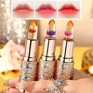 Nectarbellis 3Pcs Magic Color Changing Lipstick Set Moisturizing Hydrating Lip Balm, Provides Long-Lasting Lip Stain & Plumping Effect Blend Cosmetic Makeup Smooth Moisturizer Lipgloss, Moisture Hydrate Glossy Lip Oil Stick Glaze for Women & Girls Flower