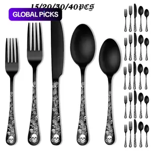 Gothic Stainless Steel Flatware Set, Skull & Rose Pattern Cutlery Set Including Spoon & Fork & Knife, Festival Party Tableware Set, Dinnerware Set, Stocking Fillers Gift, Utensils
