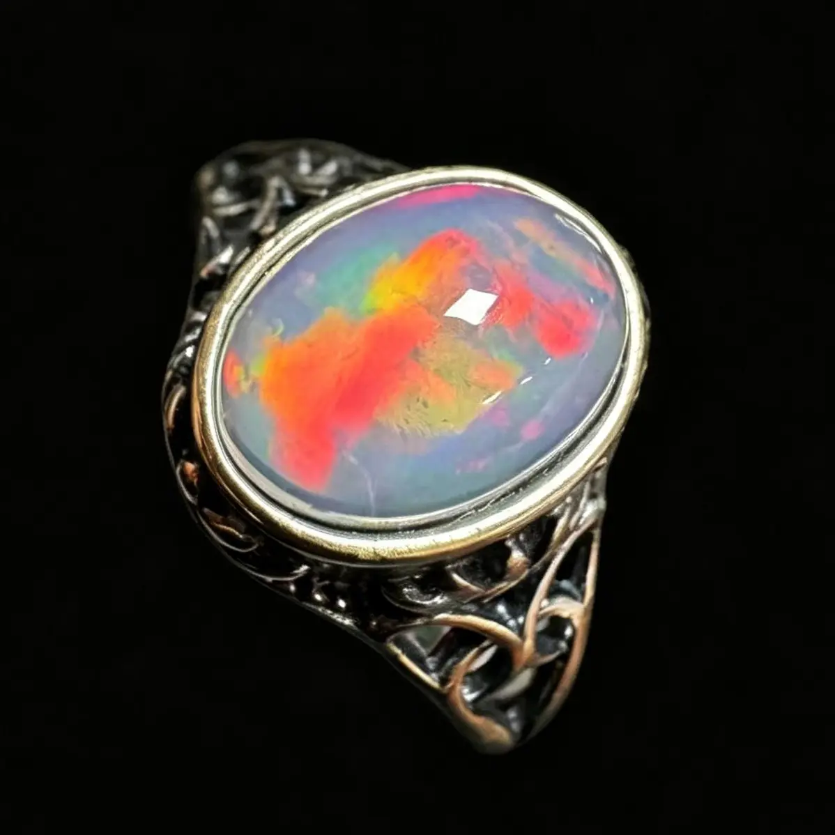 Antique Natural Opal Adjustable 925 Silver Statement Ring