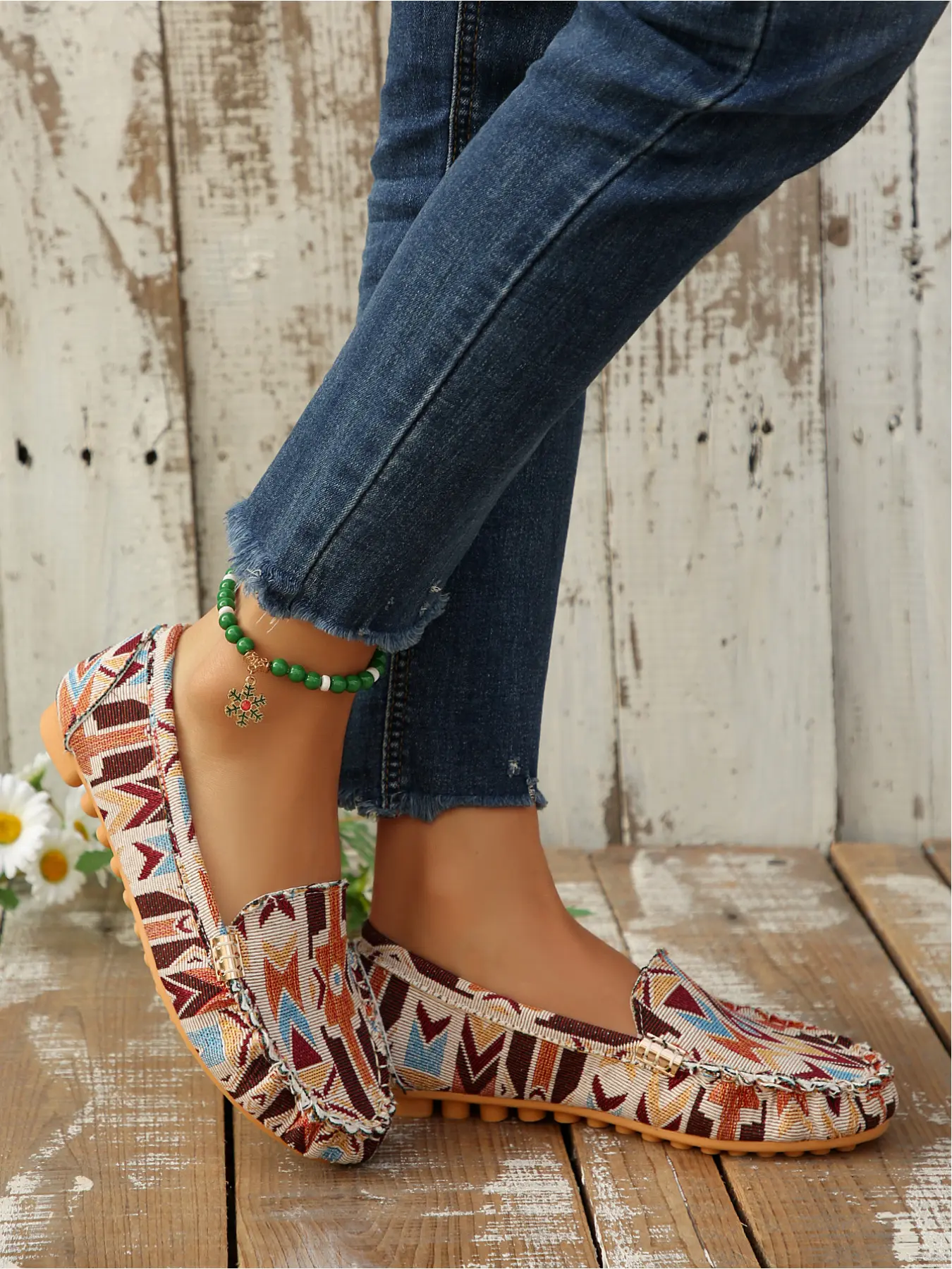European and American style ethnic geometric pattern printed loafers, non-slip soft-soled slip-on women's shoes, comfortable and versatile casual flat shoes, Casual Summer Shoes