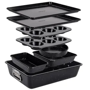 8-Piece Non-Stick Bakeware Set – Black | Stackable Carbon Steel Pans with Marble Coating - Cookie Sheet, Muffin, Loaf, Round, Square & Deep Cake Pans – Professional Home Kitchen Baking Accessories - Dishwasher Safe, PFOA/PFOS Free