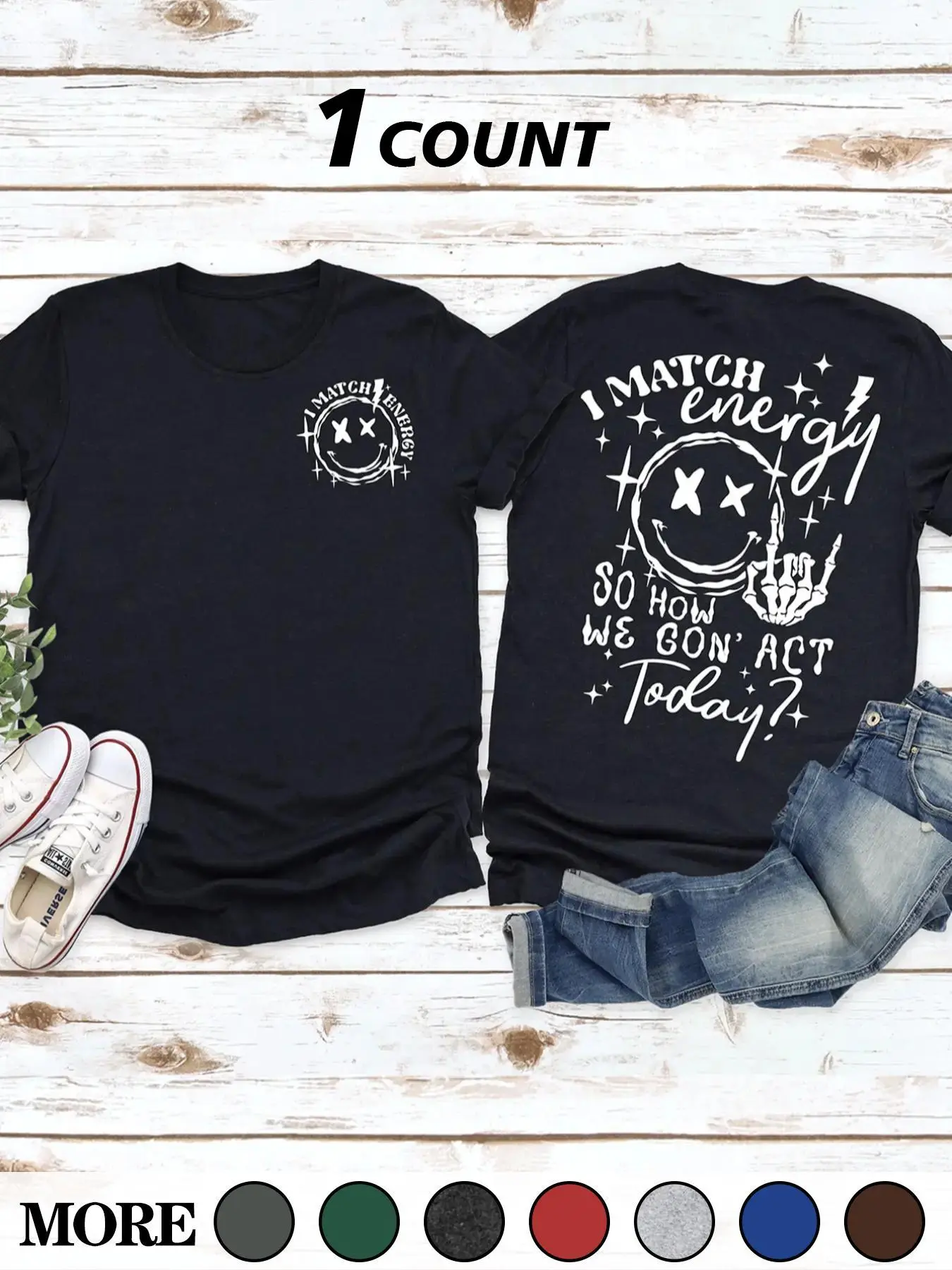 Women's "I MATCH ENERGY" Slogan Graphic Round Neck Tee Top, Fashion Casual Streetwear Style Crew Neck Short Sleeve Fitted T-shirt for Daily Outdoor Wear, Ladies Clothes for All Seasons, Womenswear