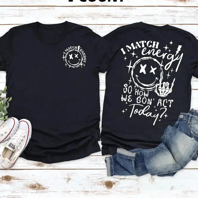 Women's "I MATCH ENERGY" Slogan Graphic Round Neck Tee Top, Inspirational Graphic Tee, Fashion Casual Streetwear Style Crew Neck Short Sleeve T-shirt for Daily Outdoor Wear, Ladies Clothes for All Seasons, Womenswear