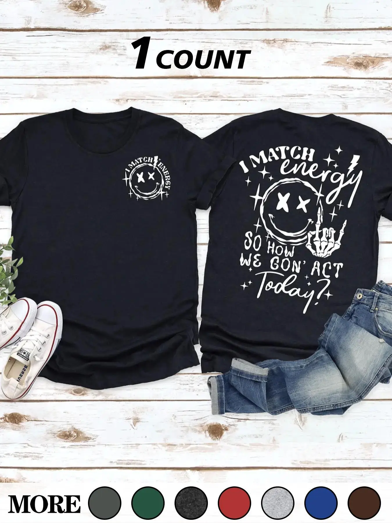 Women's "I MATCH ENERGY" Slogan Graphic Round Neck Tee, Fashion Casual Crew Neck Short Sleeve T-shirt for Daily Outdoor Wear, Ladies Clothes for All S