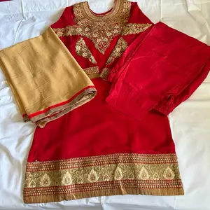 Casual Pakistani Dress Red with Gold Embroidery ~Traditional Wear