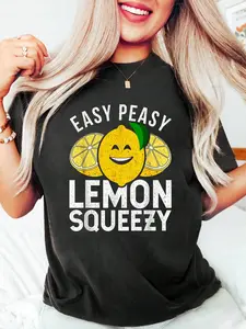 Easy Peasy Lemon Squeezy Shirt Lemonade Gift T-Shirt Cotton Graphic Tee For Women, Round Neck Short Sleeve Casual Tops