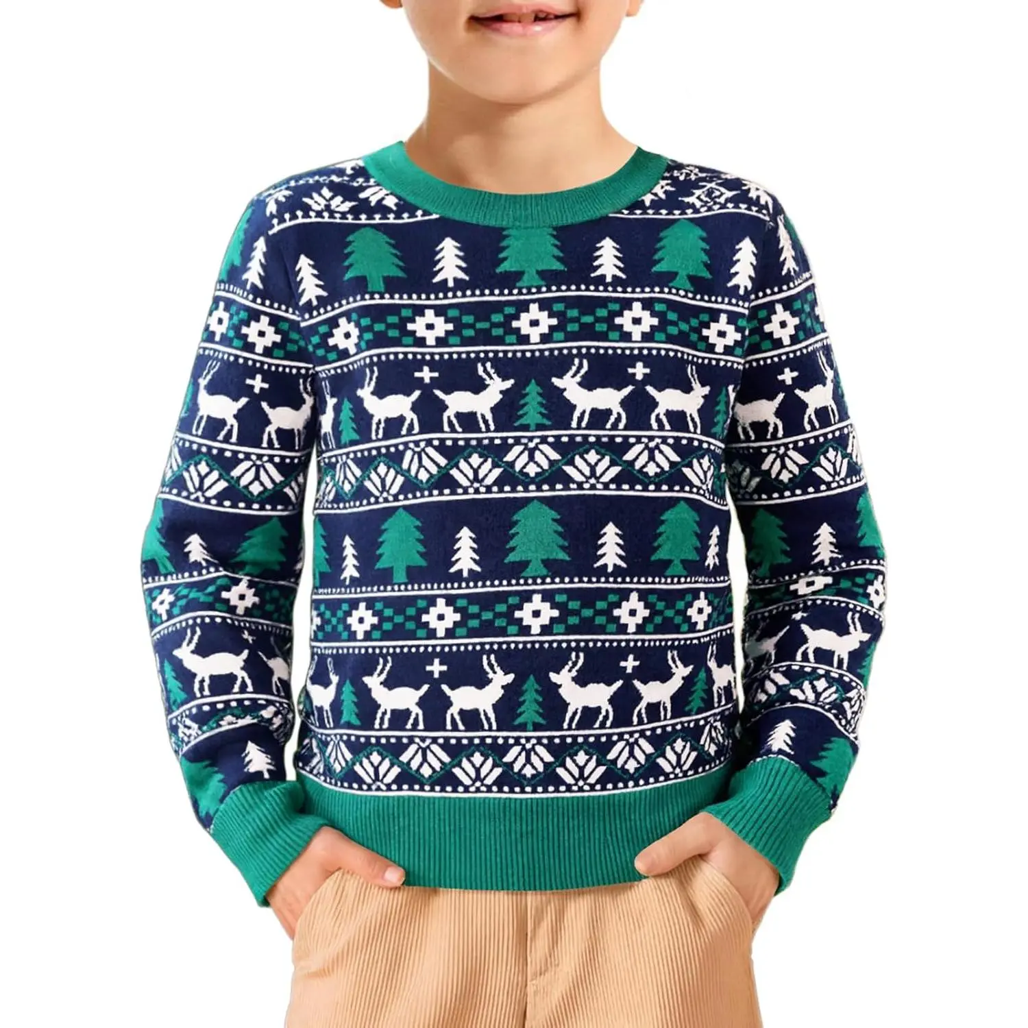 Haloumoning Boys' Christmas Motif Crew Neck Knitwear - Casual Long-Sleeve Pullover Clothes for 5-14 Yrs