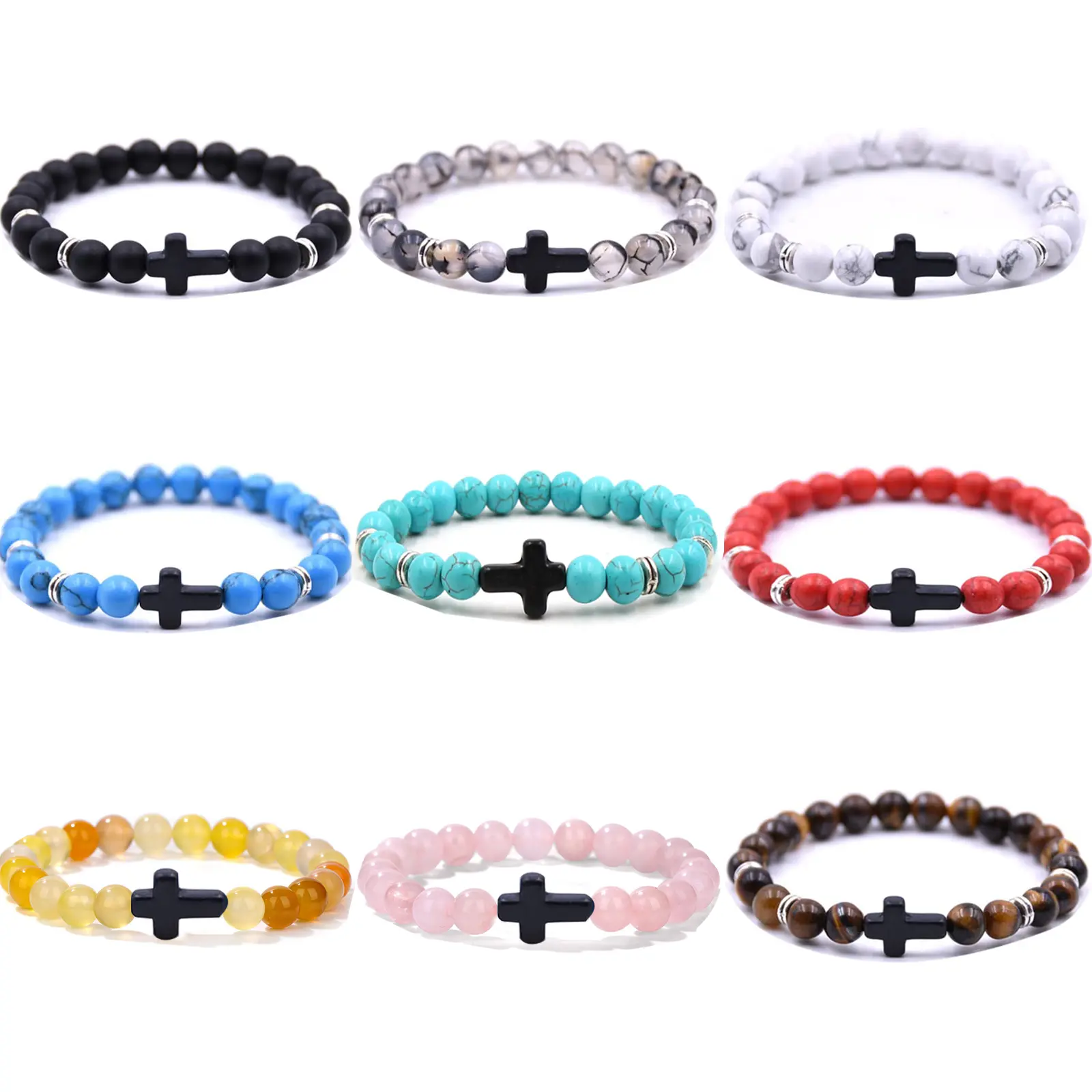 Cross Beads Bracelet for Men Women, 8MM Beaded Bracelets Couples Bracelets,Lava Rock Turquoise Tiger Eye Natural Bracelet Anxiety Stretch Elastic Healing Bracelet