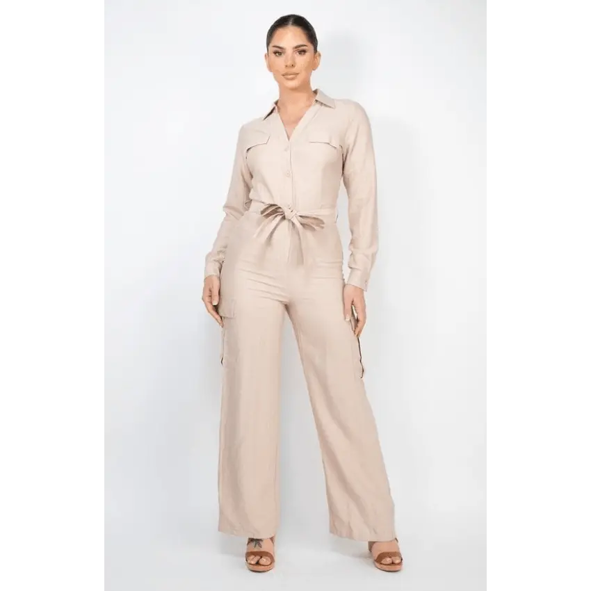 Maria Statement Piece Button-down with Zip-Up Sash Belt Cargo Bottom Straight Leg Jumpsuit