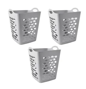 Flexible Square Plastic Laundry Hamper, 3 Pack, Soft Silver