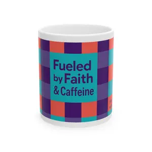 Fueled by Faith & Caffeine Mug | Ceramic Coffee Cup, Plaid Accent