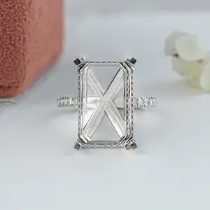 Emerald Shape Hidden Halo Semi Mount Ring