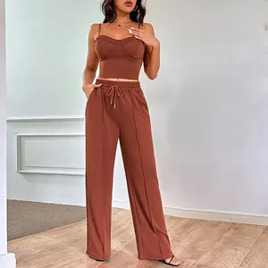 Women's 2 Piece Outfits, Women Dressy Casual,  Strappy Top, Wide Leg Pants