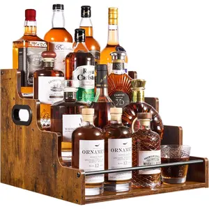 4-Tier Tiered Liquor Bottle Display Shelf - 16-Inch Rustic Wood Liquor Rack & Coffee Syrup Organizer - Heavy-Duty Countertop Spice Rack with Guardrails & Handles for Bar, Kitchen, Office