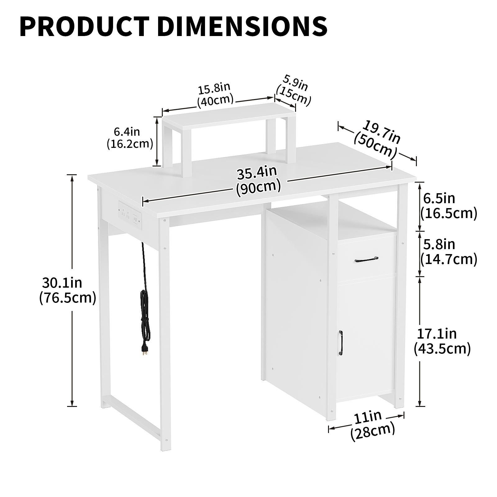 Computer Desk with Power Outlets and Monitor Stand, Small Home Office Desk with Storage Drawer & Cabinet, Compact Study Writing Desk PC Workstation for Small Spaces
