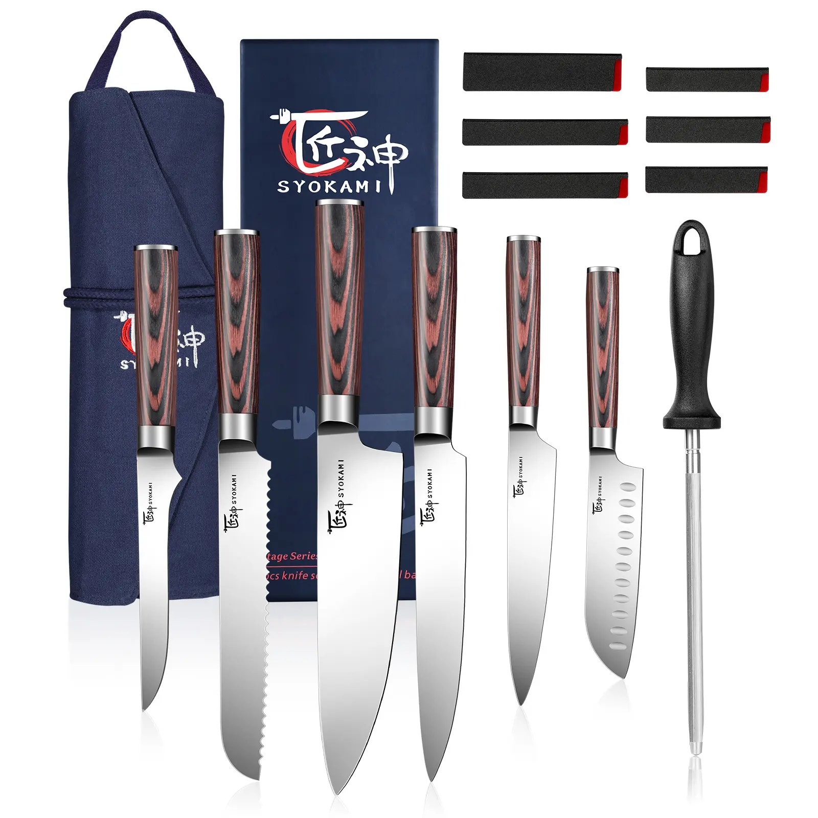 【DealsForYouDays】 SYOKAMI Chef Knife Set, 14pcs Japanese Kitchen Knife Set with Roll Bag, Pakkawood Handle, High Carbon Stainless Steel Professional Kitchen Knives for Camp Travel Outdoor, Gift for Mother's Day